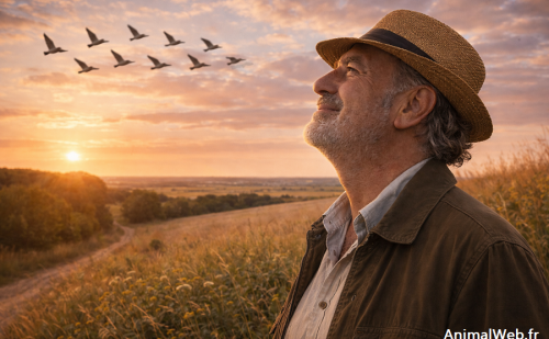 En fin de journée, Michel Delpech observe un vol d'oiseaux En fin de journée, Michel Delpech observe un vol d'oiseaux
